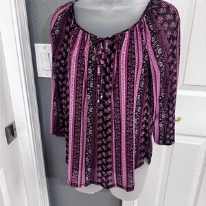 BCX Pink and Black Tie Front 3/4 Sleeve Blouse